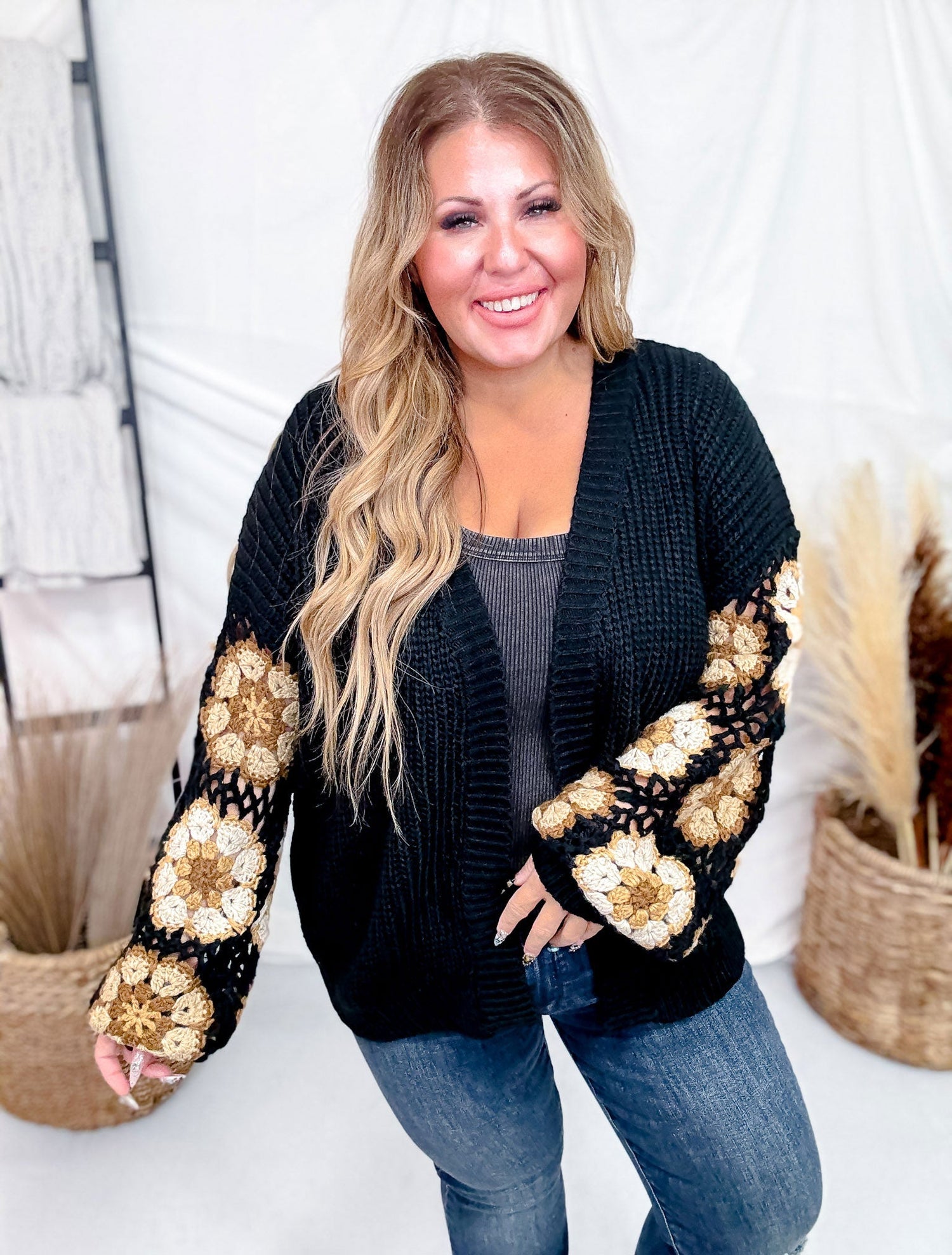 Black Sweater Cardigan With Brown Crochet Puff Sleeves Whiskey Skies