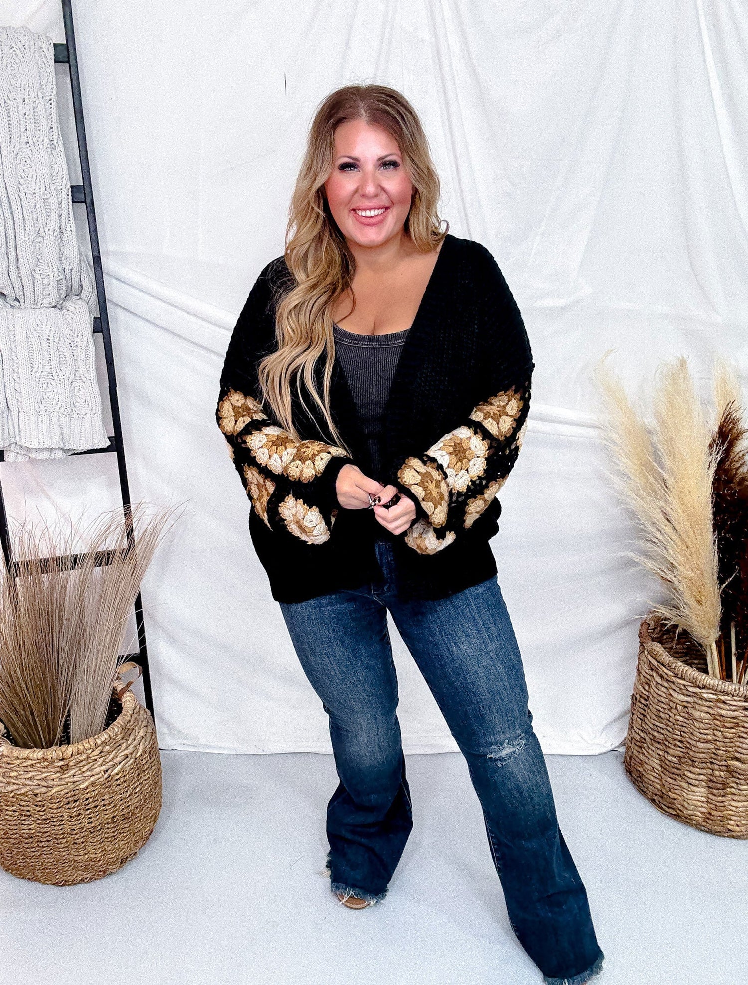 Black Sweater Cardigan With Brown Crochet Puff Sleeves