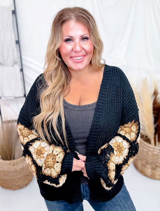 Black Sweater Cardigan With Brown Crochet Puff Sleeves - Whiskey Skies - ADORA