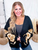 Black Sweater Cardigan With Brown Crochet Puff Sleeves - Whiskey Skies - ADORA