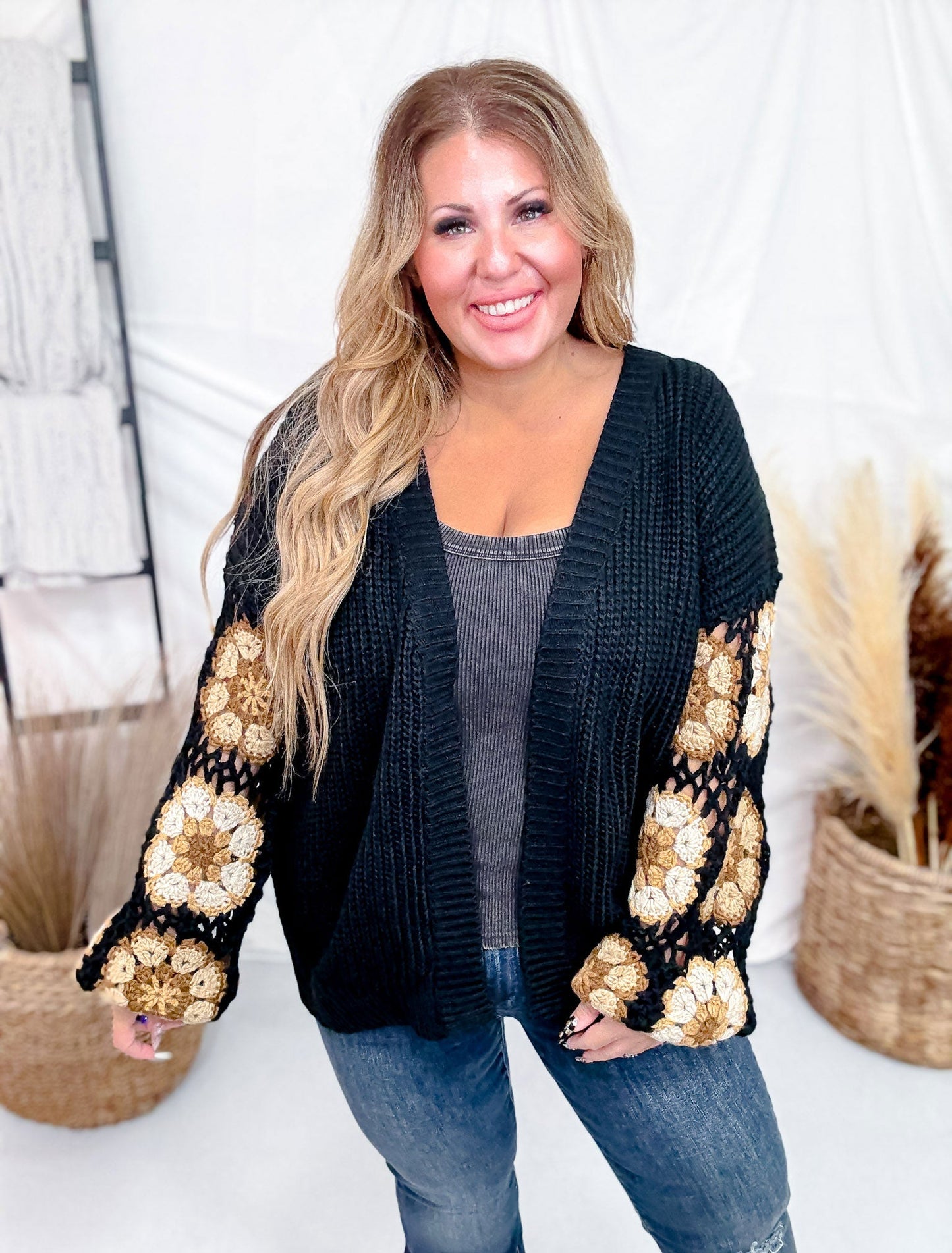 Black Sweater Cardigan With Brown Crochet Puff Sleeves - Whiskey Skies - ADORA