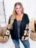 Black Sweater Cardigan With Brown Crochet Puff Sleeves - Whiskey Skies - ADORA