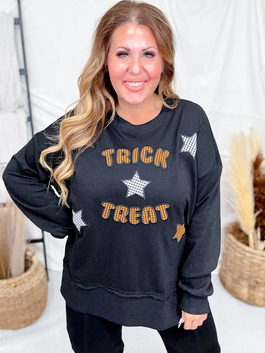 Black Sweatshirt With Gingham Patterned "Trick Or Treat" - Whiskey Skies - ODDI