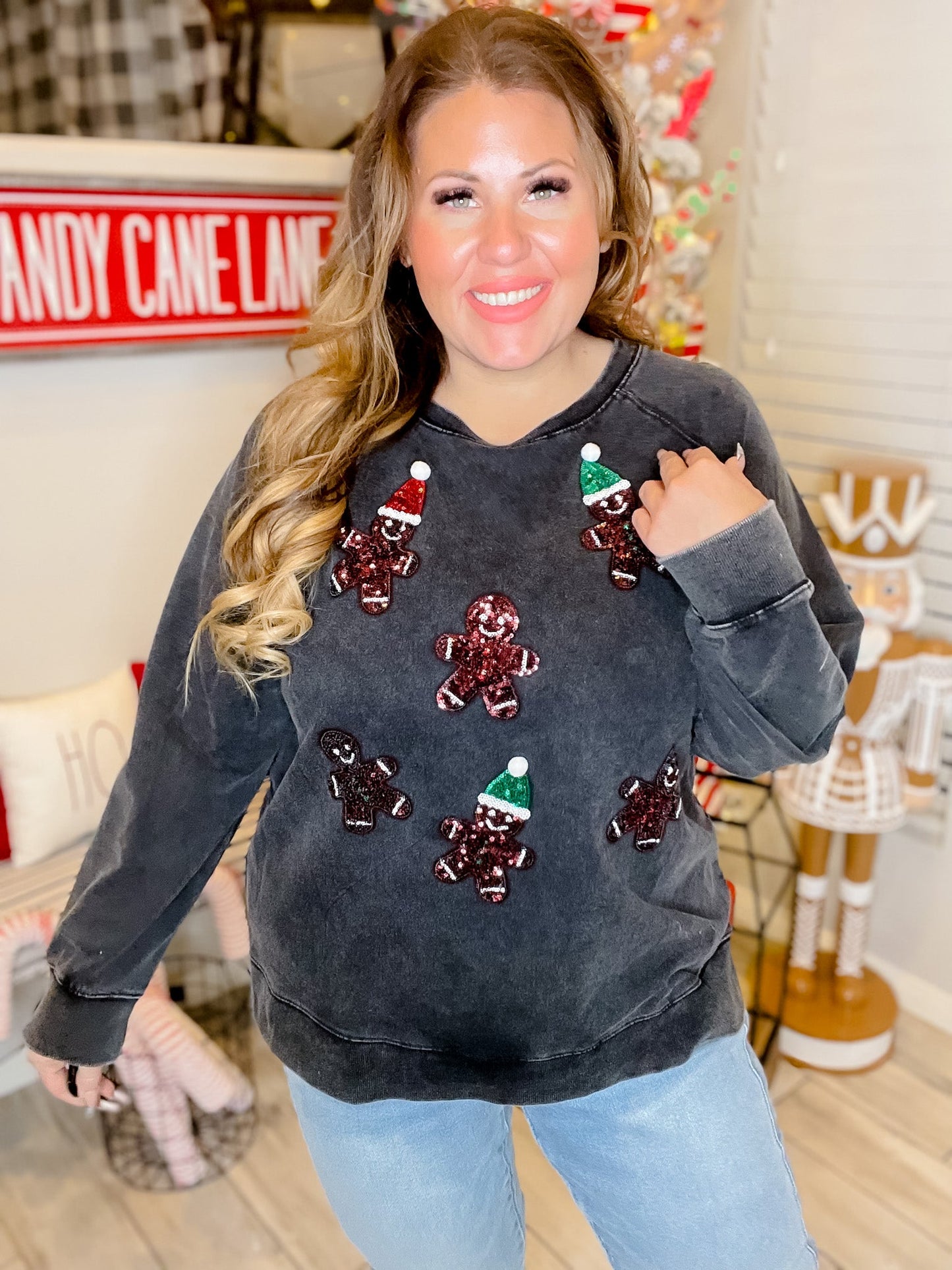 Black Sweatshirt with Sequin Gingerbread Cookies - Whiskey Skies - WHITE BIRCH