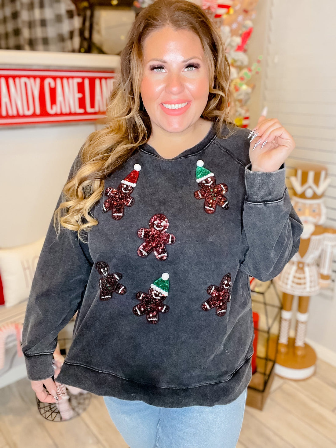 Black Sweatshirt with Sequin Gingerbread Cookies - Whiskey Skies - WHITE BIRCH