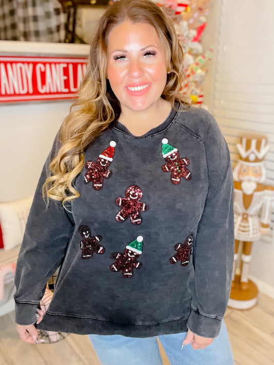 Black Sweatshirt with Sequin Gingerbread Cookies - Whiskey Skies - WHITE BIRCH