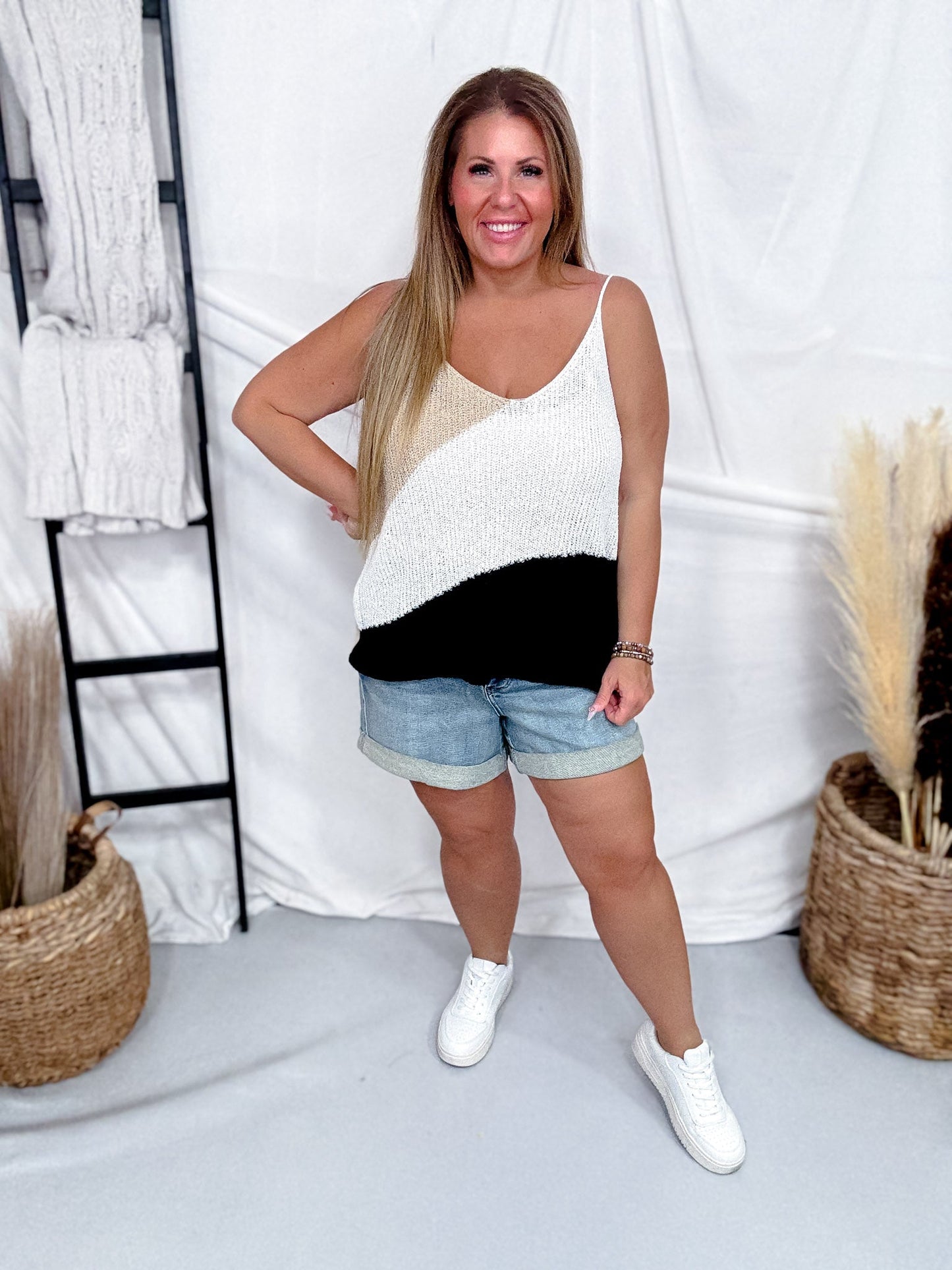 Black & Tan Colorblock Knit Spaghetti Strap Top - Whiskey Skies - COZY CO