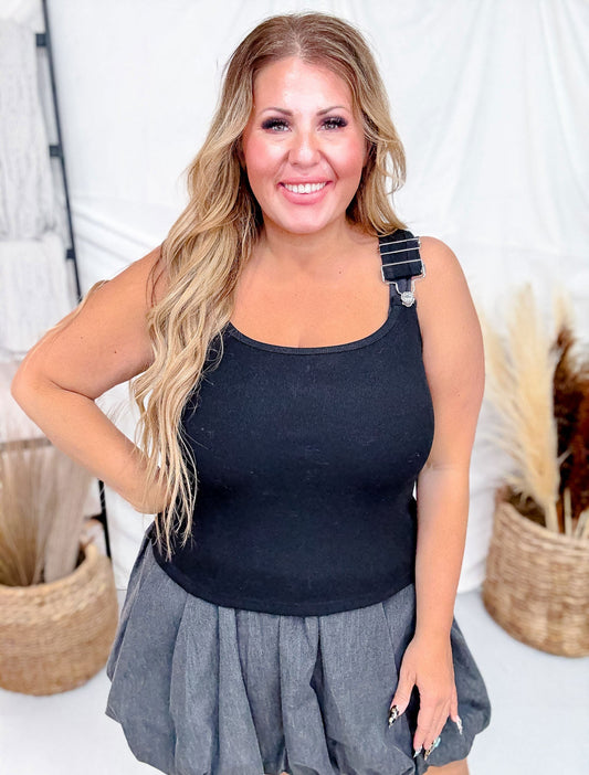 Black Tank Top With Overall Straps - Whiskey Skies - WHITE BIRCH