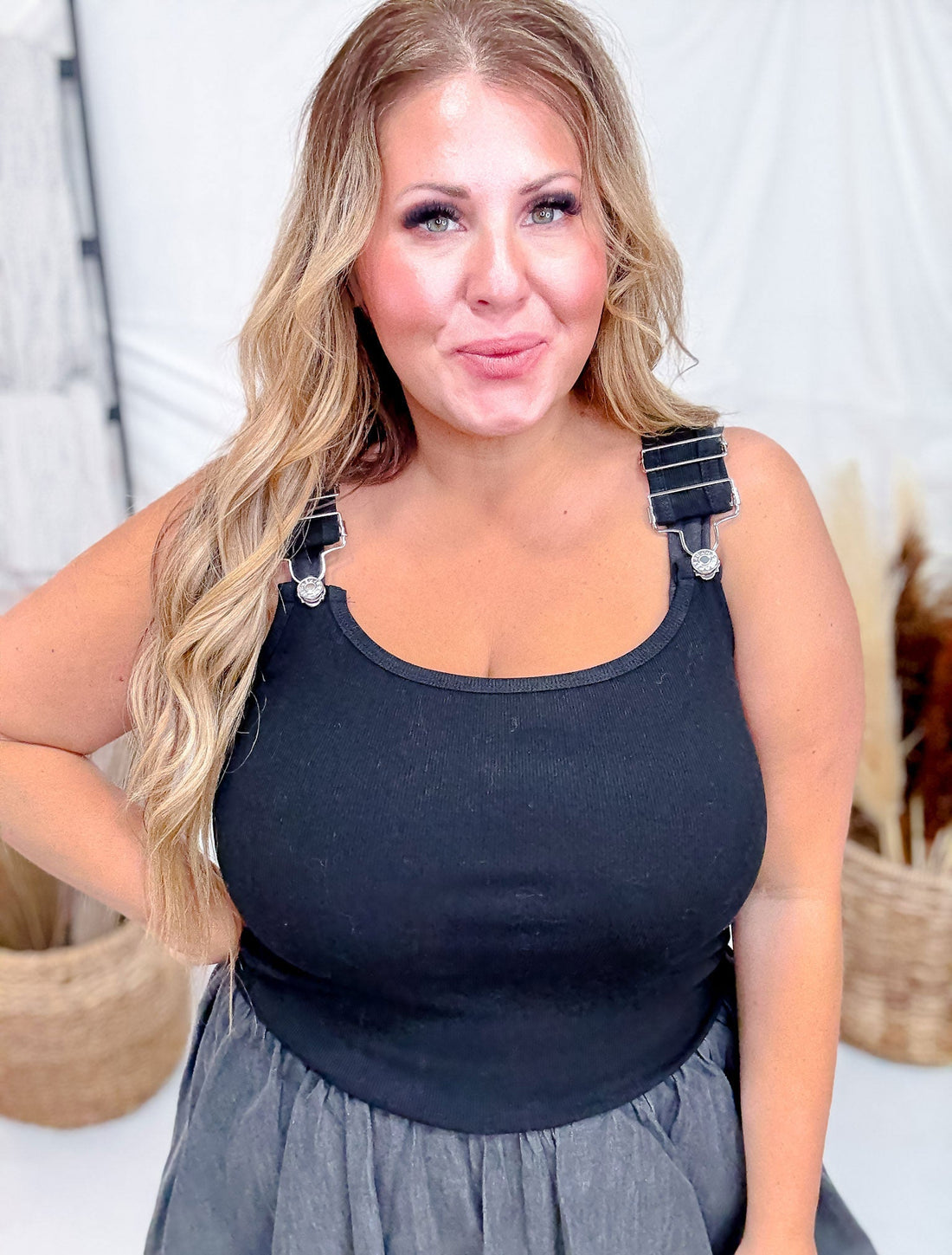 Black Tank Top With Overall Straps - Whiskey Skies - WHITE BIRCH