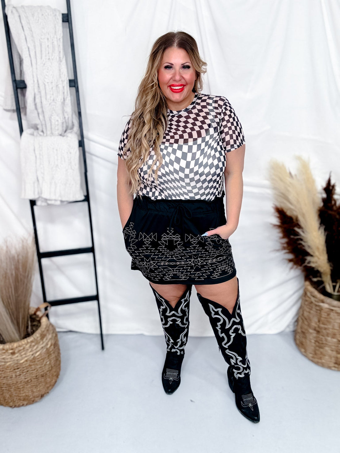 Black & Taupe Checker Short Sleeve Mesh Top - Whiskey Skies - DAVI & DANI