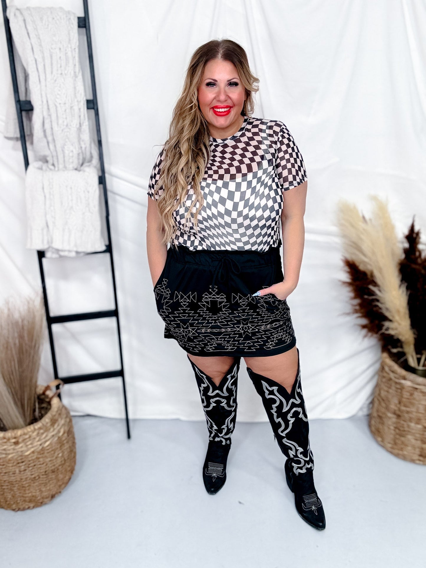 Black & Taupe Checker Short Sleeve Mesh Top - Whiskey Skies - DAVI & DANI