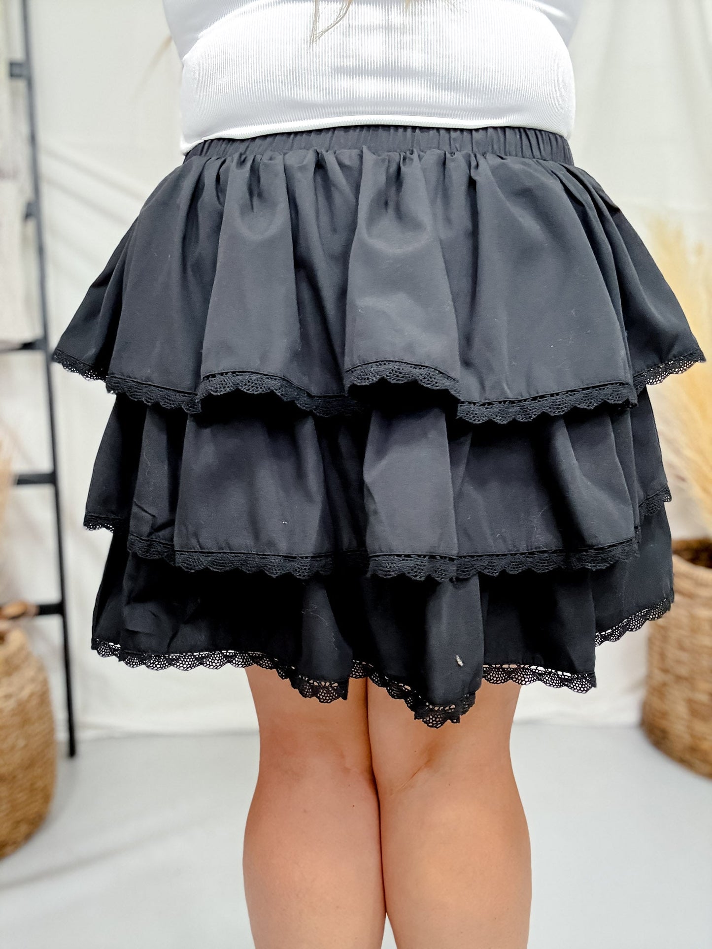 Black Tiered Shirring W/ Lace Trim Mini Skirt - Whiskey Skies - SWEET GENERIS
