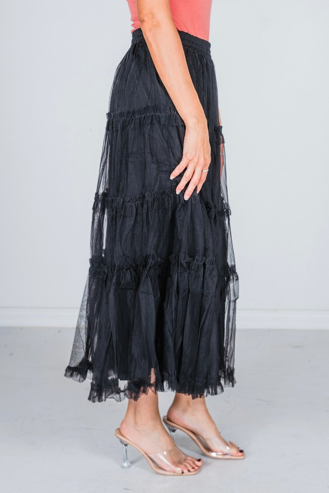 Black Tulle Mesh Ruffle Midi Skirt - Whiskey Skies - POLAGRAM + BAEVELY