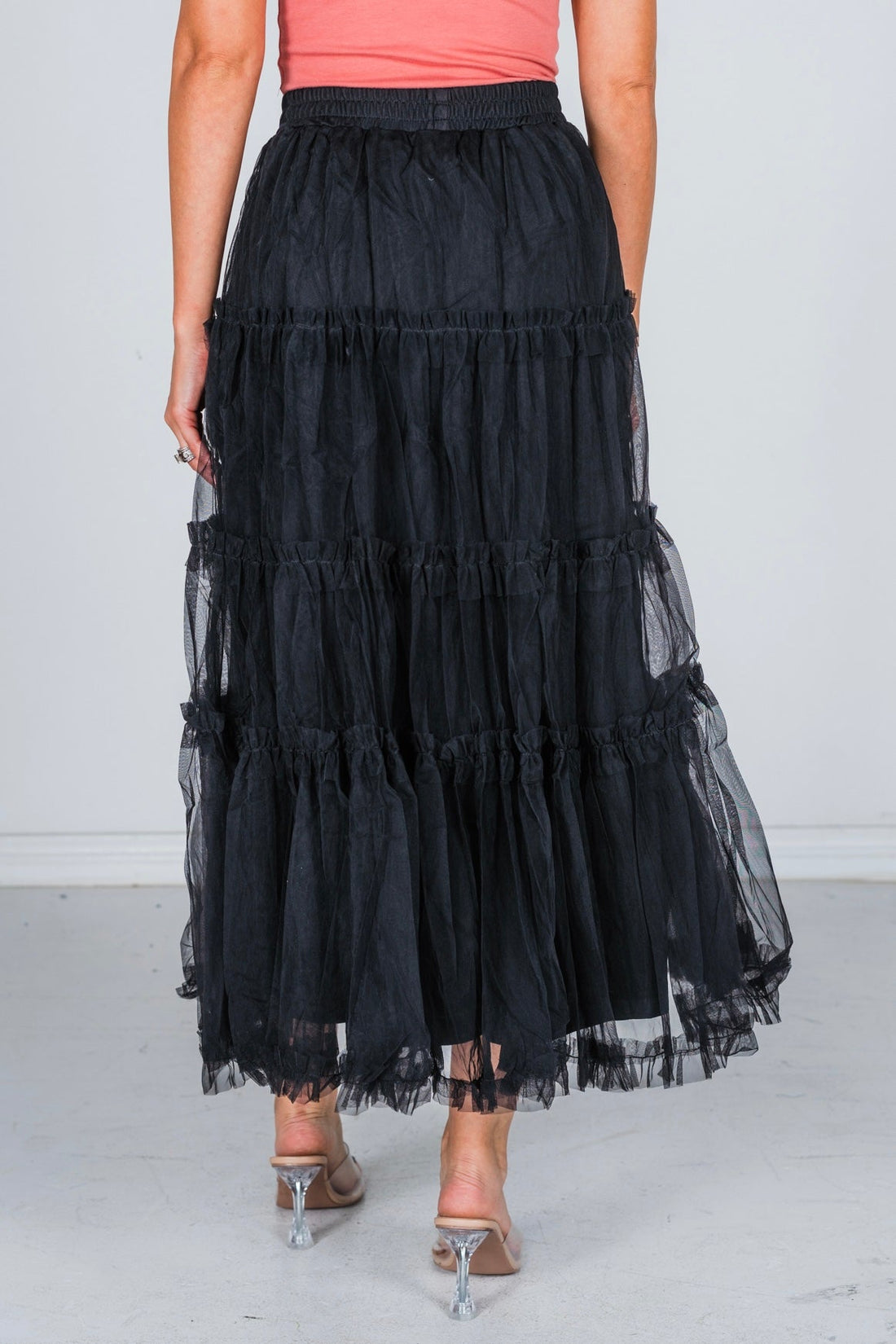 Black Tulle Mesh Ruffle Midi Skirt - Whiskey Skies - POLAGRAM + BAEVELY