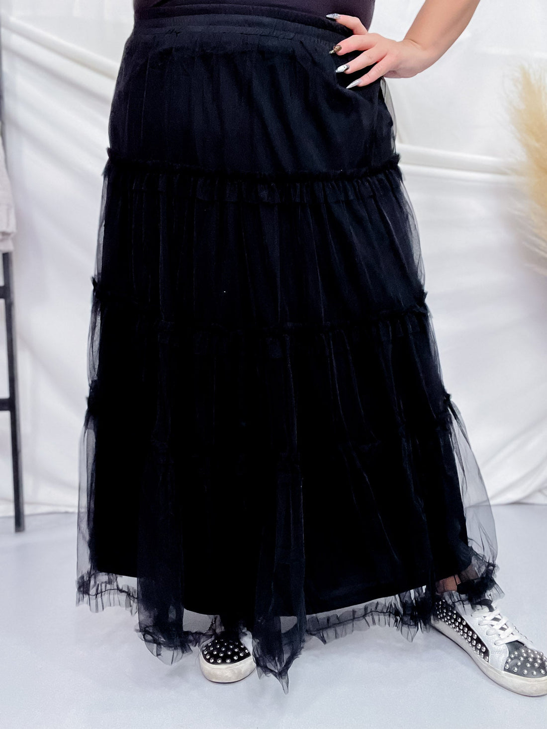 Black Tulle Mesh Ruffle Midi Skirt - Whiskey Skies - POLAGRAM + BAEVELY