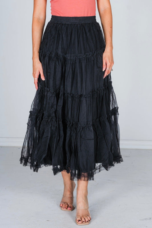 Black Tulle Mesh Ruffle Midi Skirt - Whiskey Skies - POLAGRAM + BAEVELY