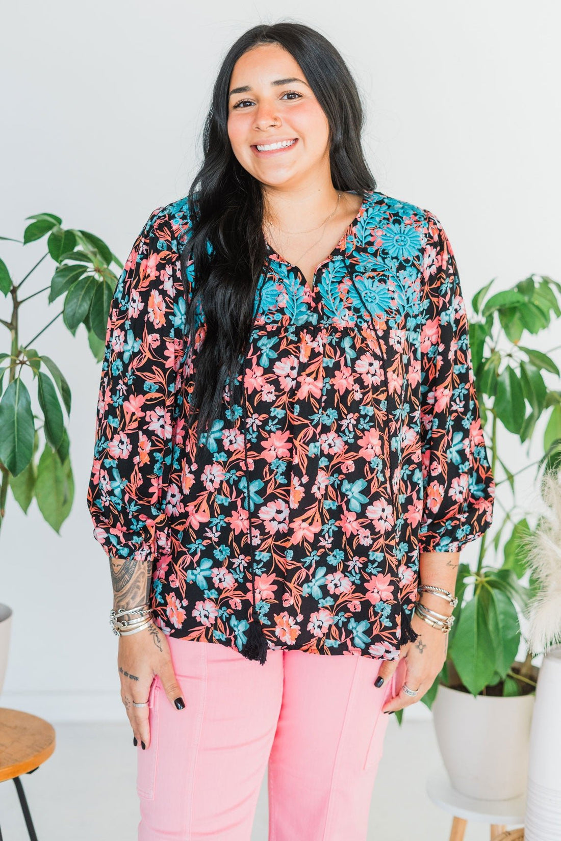 Black & Turquoise Floral Print Top - Whiskey Skies - ANDREE BY UNIT
