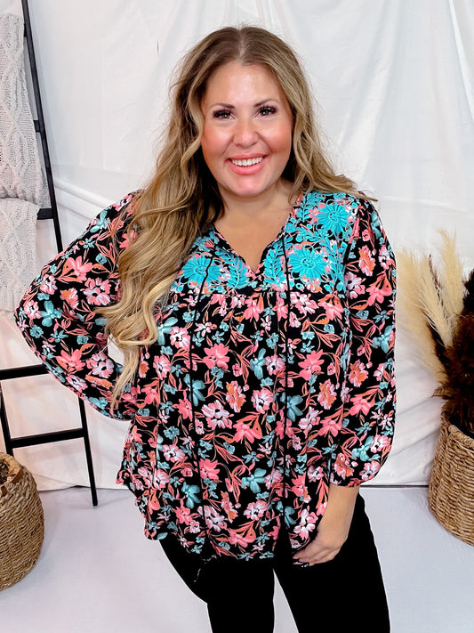 Black & Turquoise Floral Print Top - Whiskey Skies - ANDREE BY UNIT