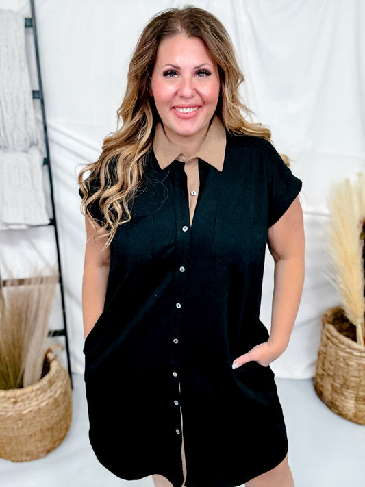Black Twill Suede Shirt Dress With Tan Collar - Whiskey Skies - SHE + SKY