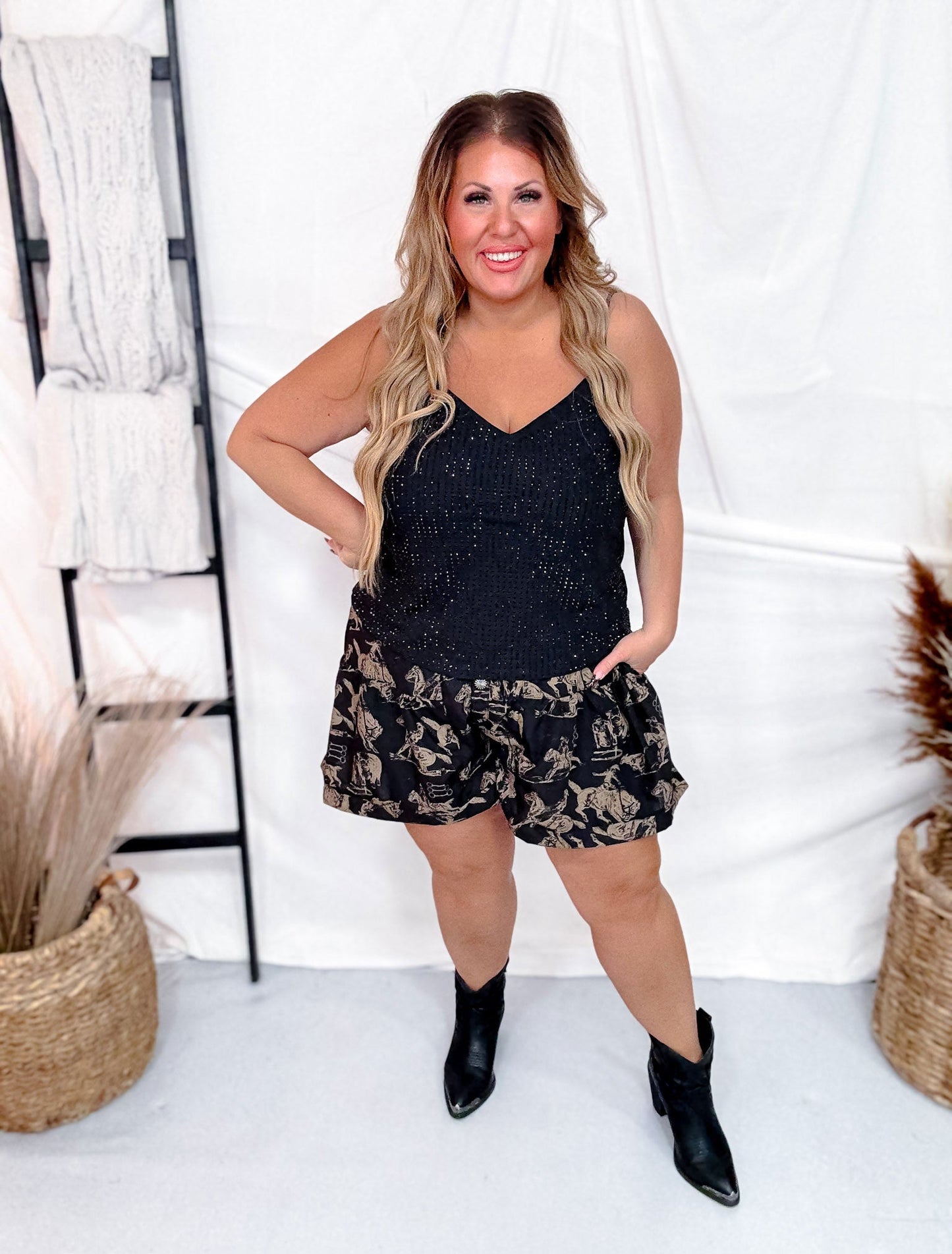 Black V - Neck Tank Top with Rhinestones - Whiskey Skies - WHITE BIRCH