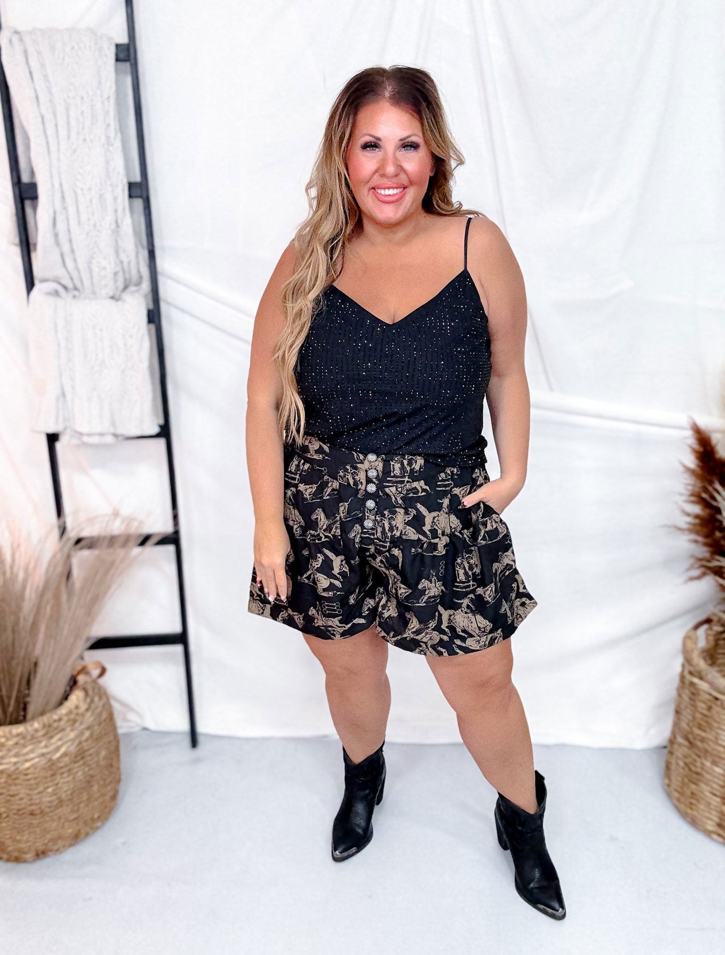 Black V - Neck Tank Top with Rhinestones - Whiskey Skies - WHITE BIRCH