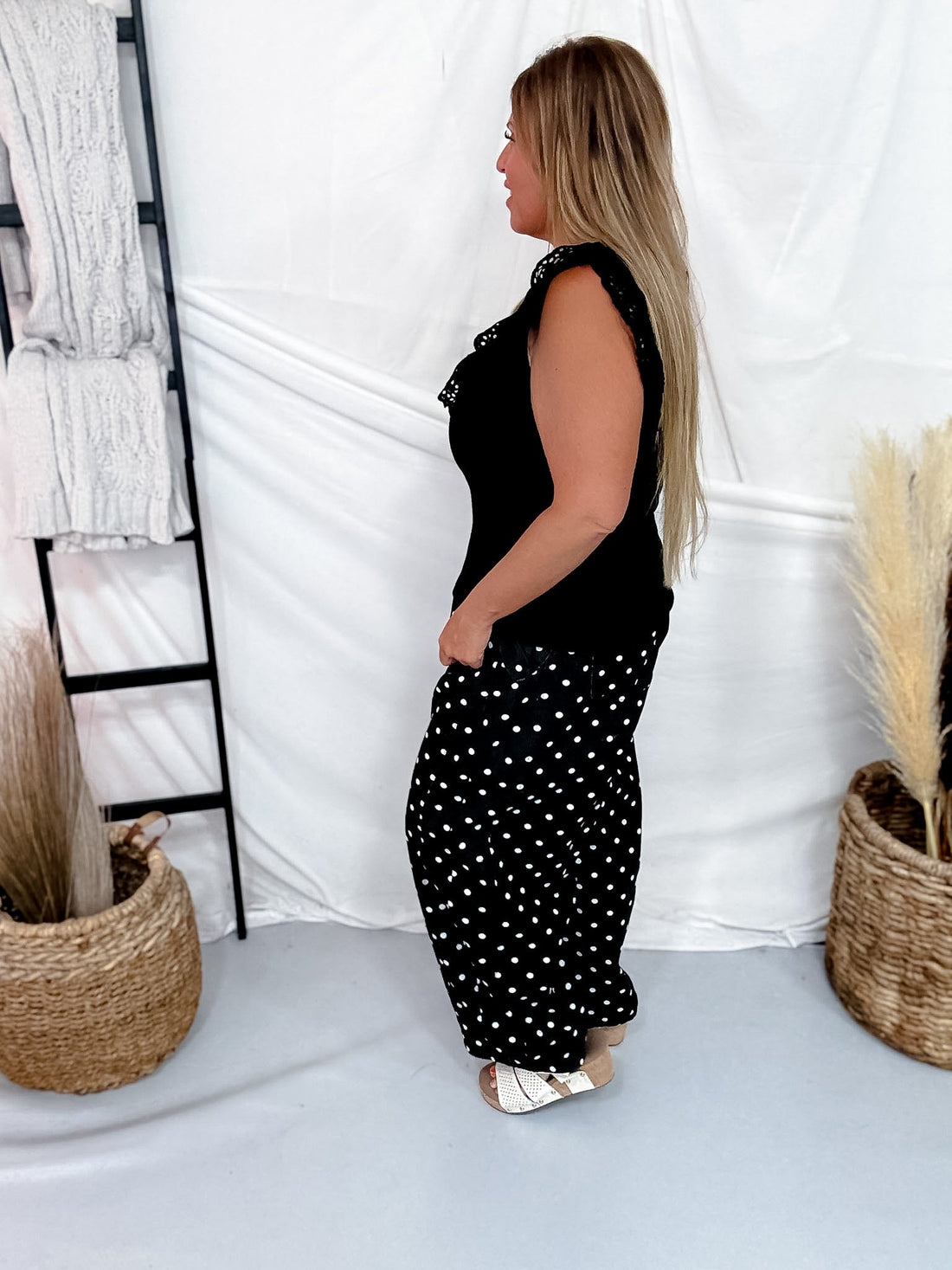 Black V - Neck Tank Top With Ruffled Eyelet Trim - Whiskey Skies - ODDI