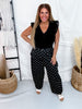 Black V - Neck Tank Top With Ruffled Eyelet Trim - Whiskey Skies - ODDI