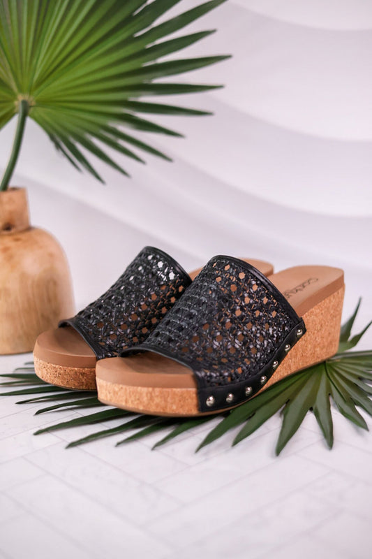 Black Vacation Rattan Wedge Sandal - Whiskey Skies - CORKYS FOOTWEAR