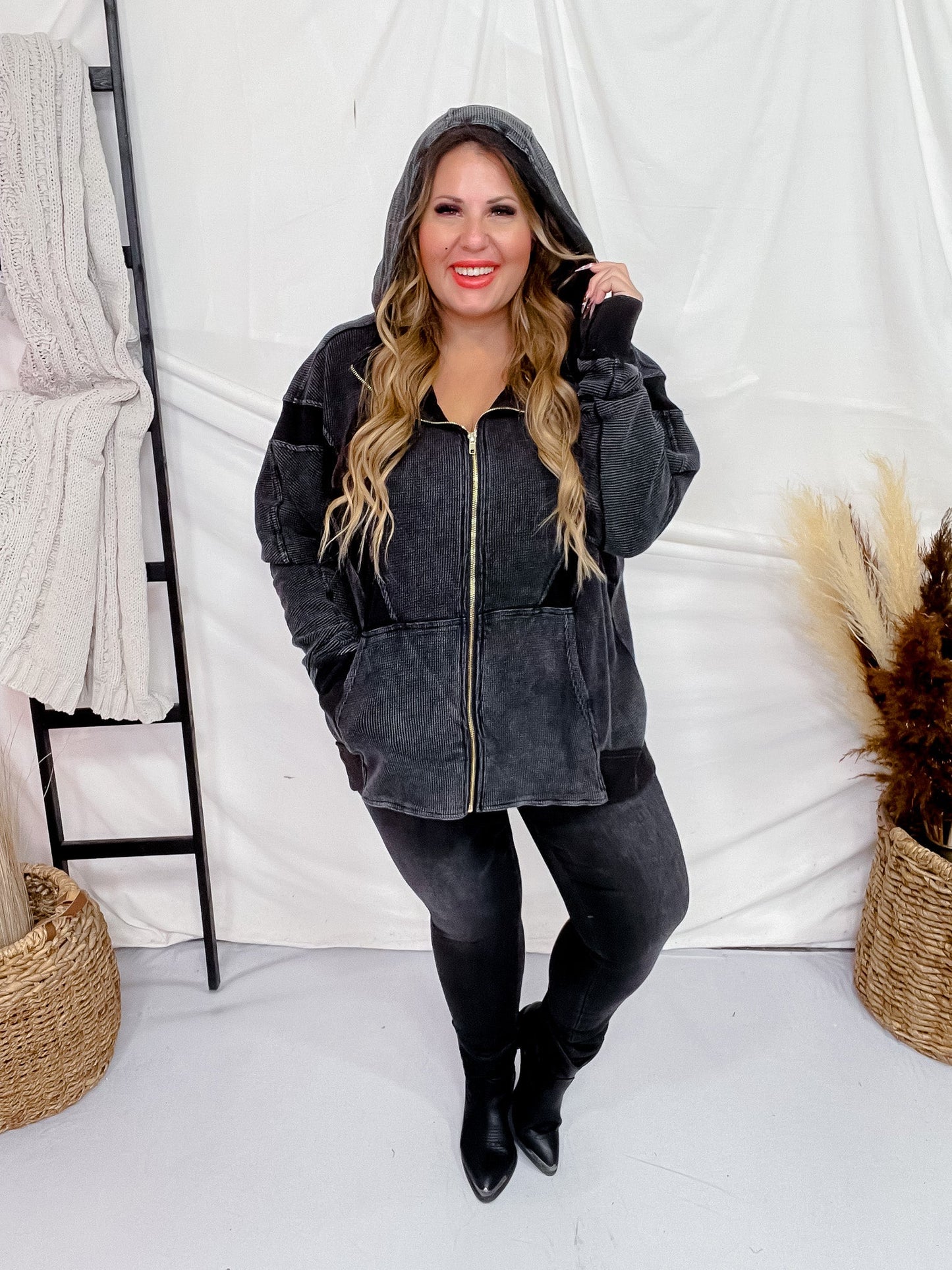 Black Waffle Knit Hooded Jacket - Whiskey Skies - DAVI & DANI