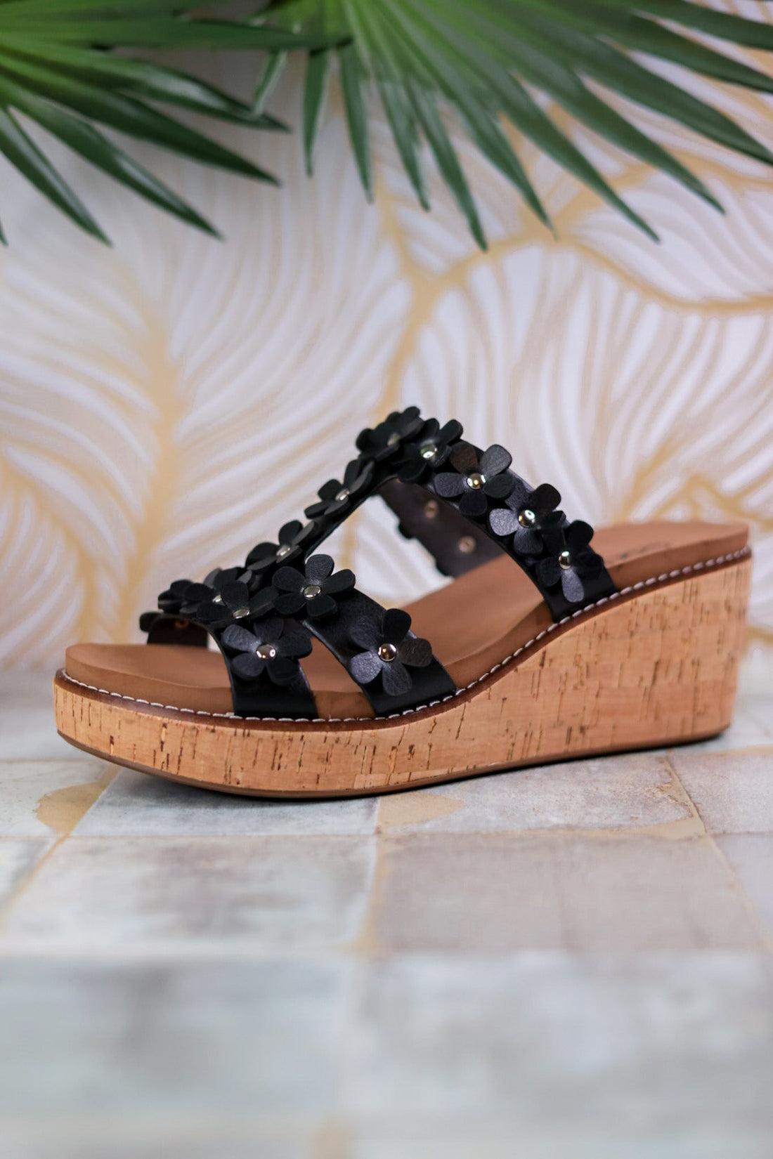 Black Wedge Sandals with Floral Straps - Whiskey Skies - CORKYS FOOTWEAR