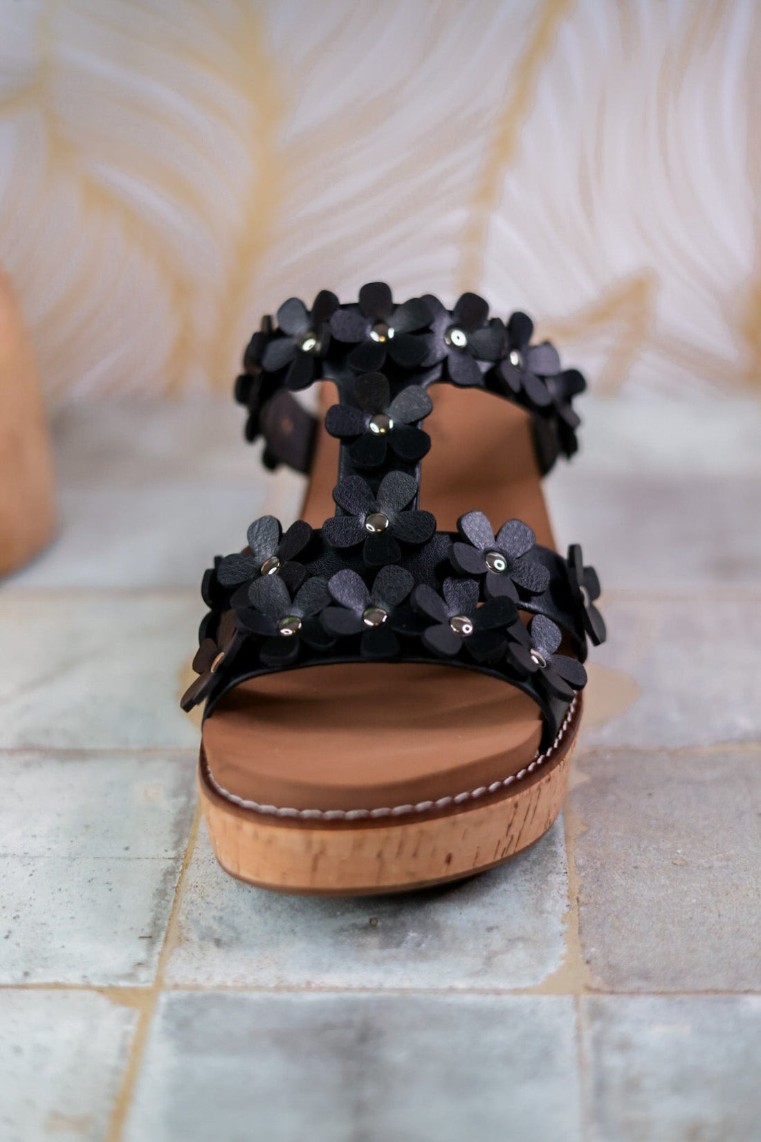 Black Wedge Sandals with Floral Straps - Whiskey Skies - CORKYS FOOTWEAR