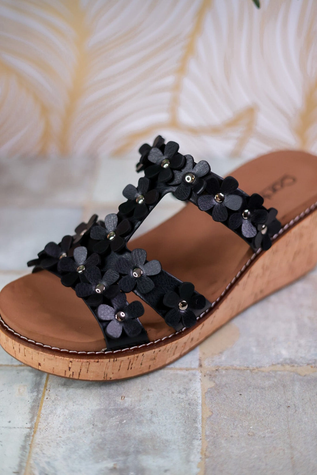 Black Wedge Sandals with Floral Straps - Whiskey Skies - CORKYS FOOTWEAR