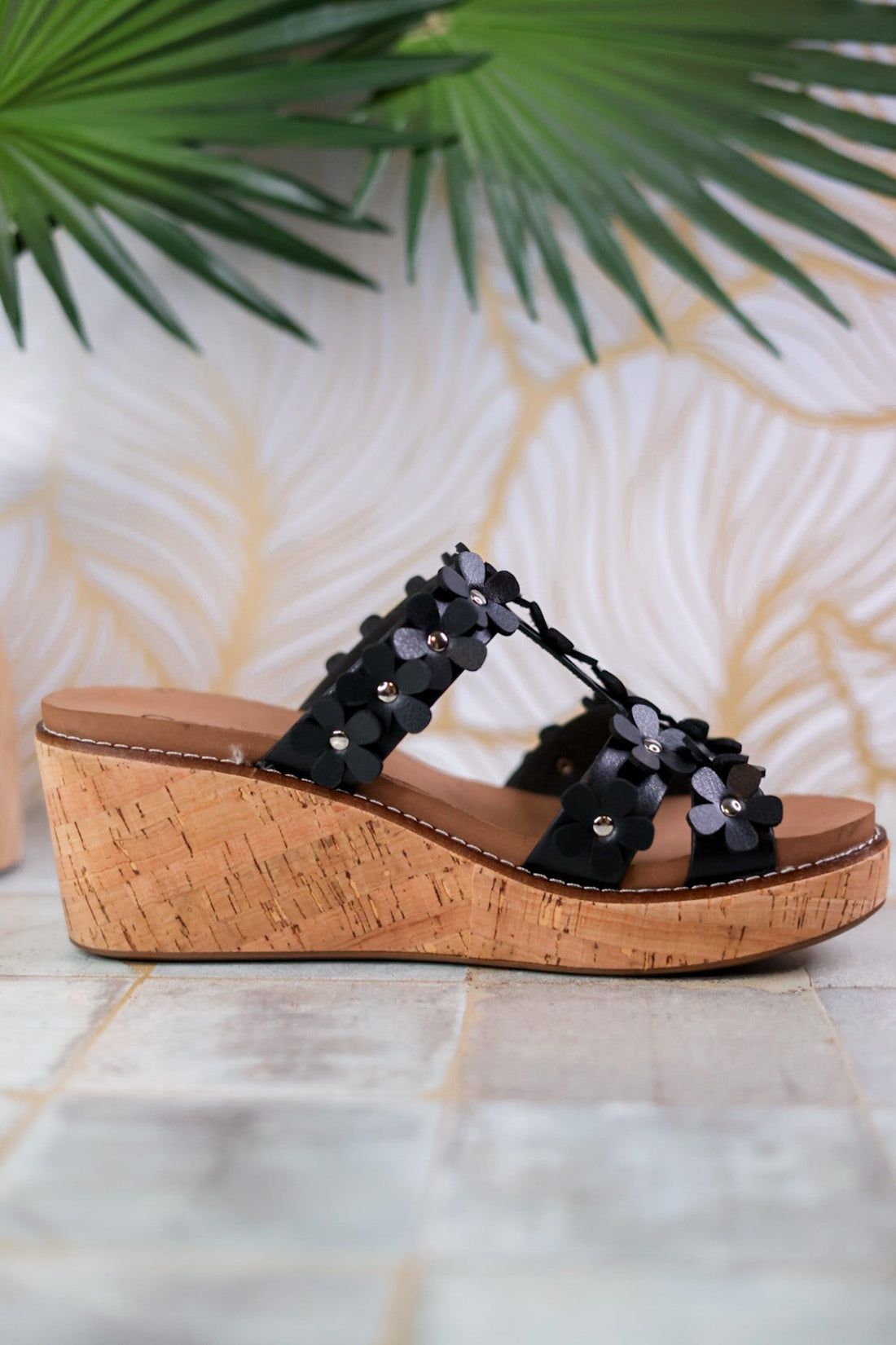 Black Wedge Sandals with Floral Straps - Whiskey Skies - CORKYS FOOTWEAR