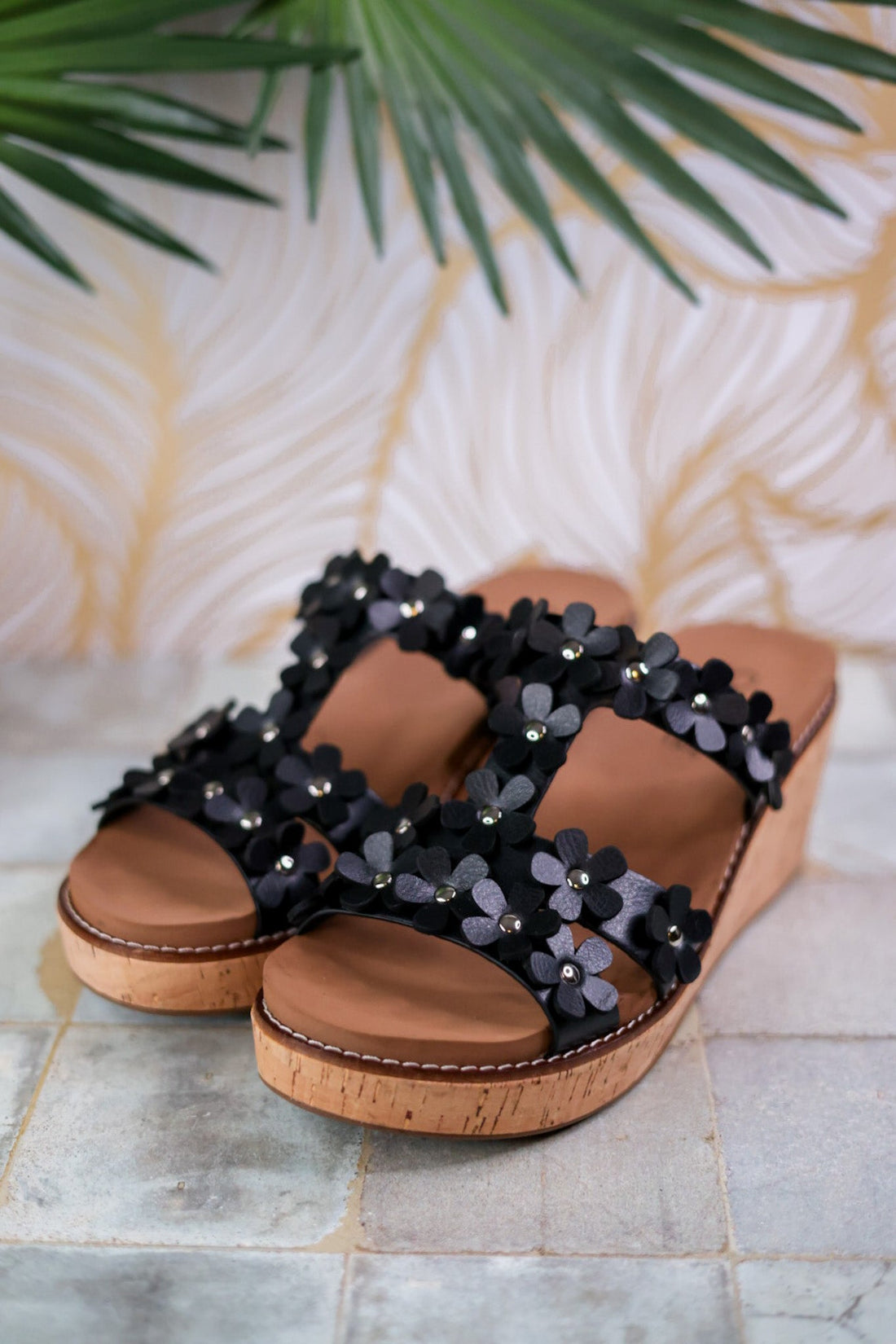 Black Wedge Sandals with Floral Straps - Whiskey Skies - CORKYS FOOTWEAR