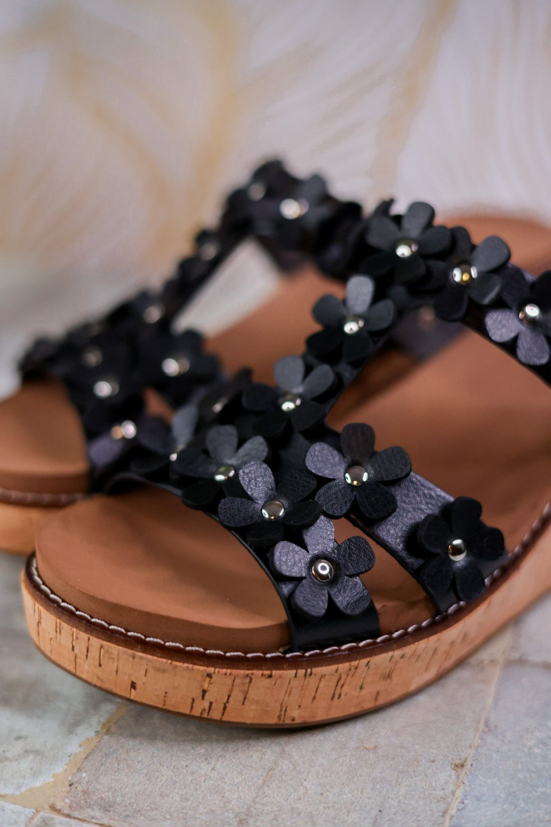 Black Wedge Sandals with Floral Straps - Whiskey Skies - CORKYS FOOTWEAR