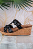 Black Wedge Sandals with Floral Straps - Whiskey Skies - CORKYS FOOTWEAR