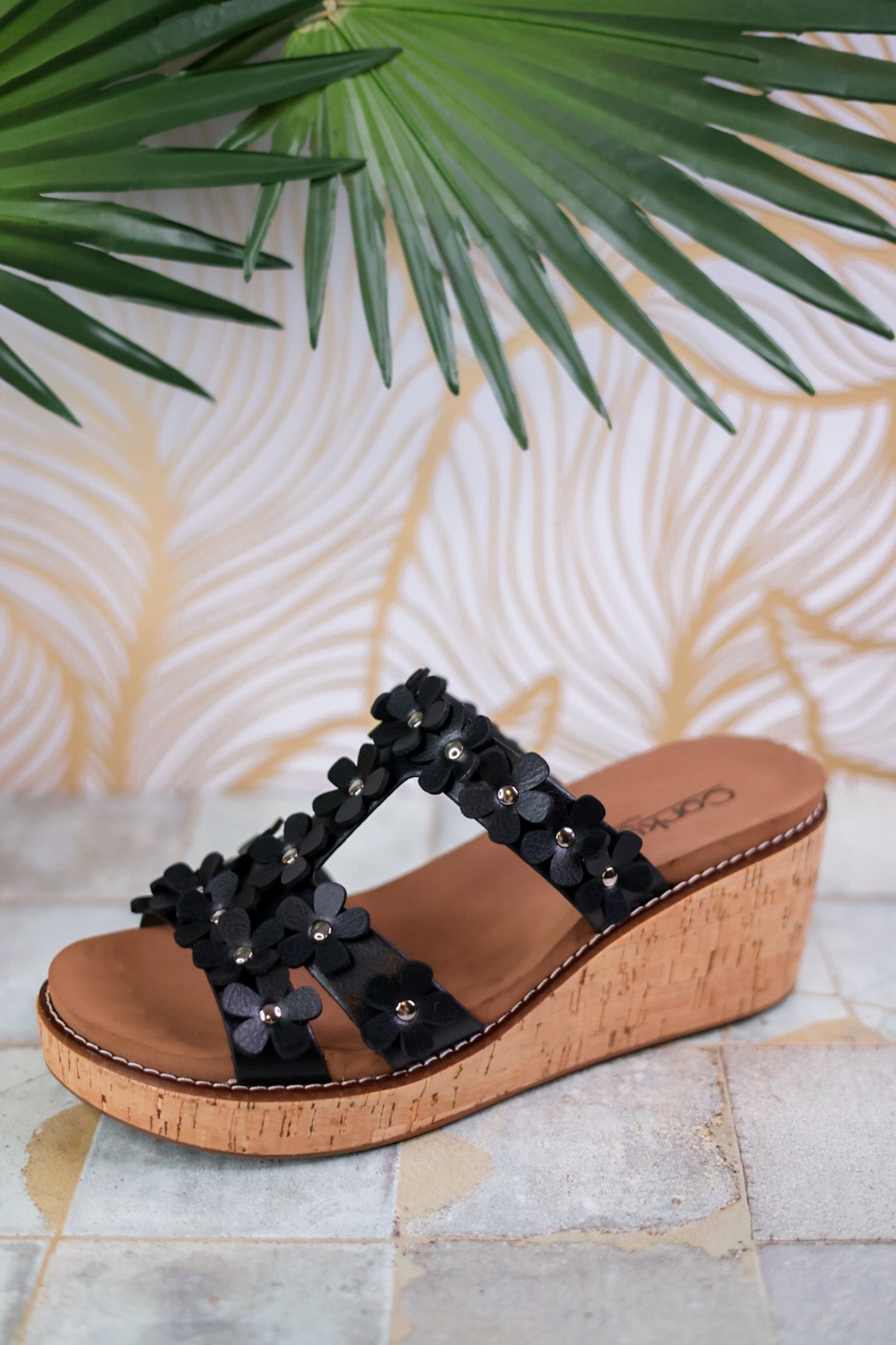 Black Wedge Sandals with Floral Straps - Whiskey Skies - CORKYS FOOTWEAR