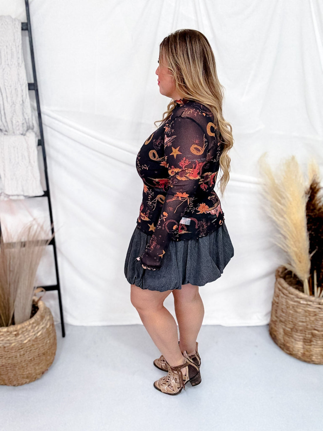 Black Western Print Mesh Mock Neck Top - Whiskey Skies - EASEL