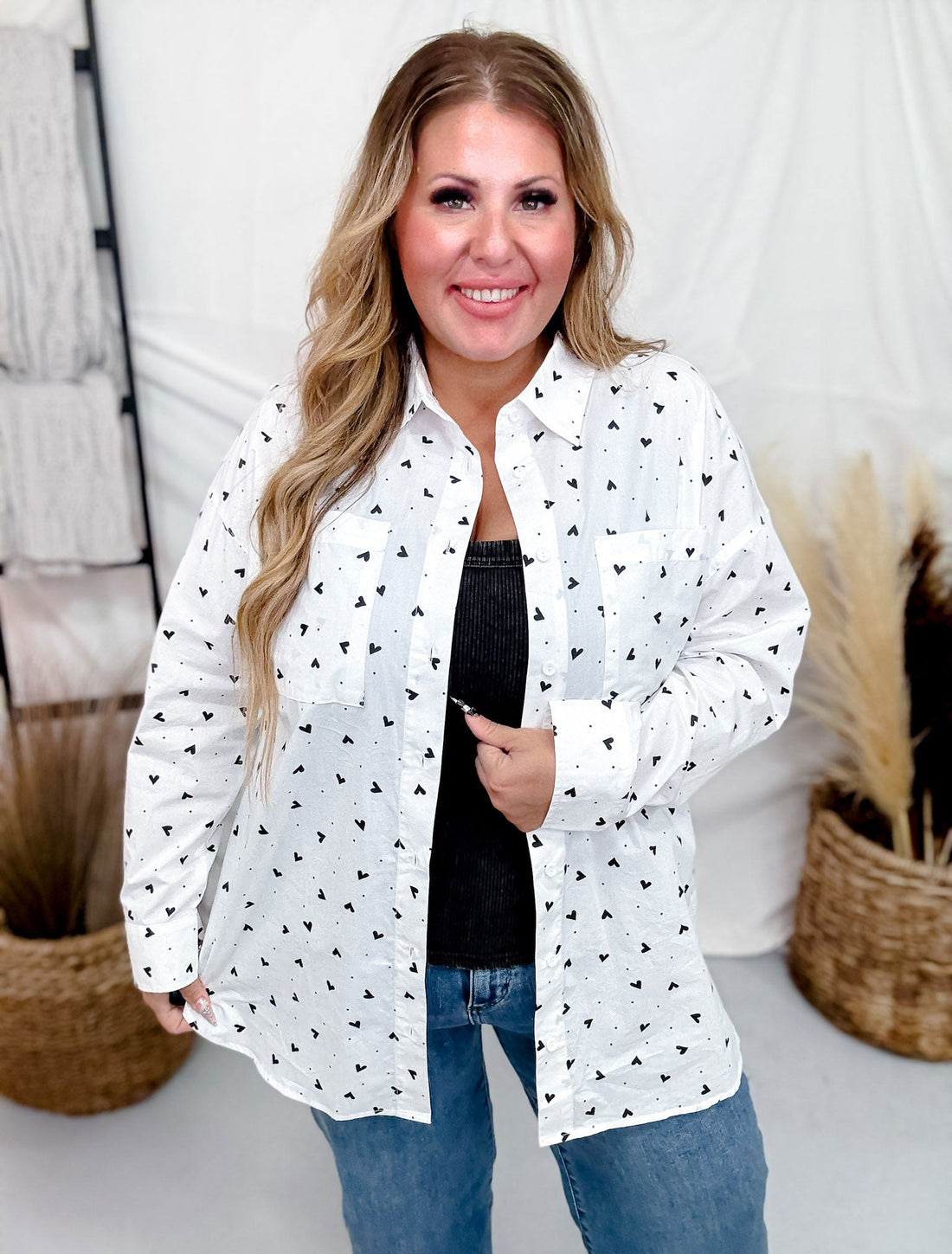 Black & White Button Front Top With Hearts & Polka Dots - Whiskey Skies - WHITE BIRCH