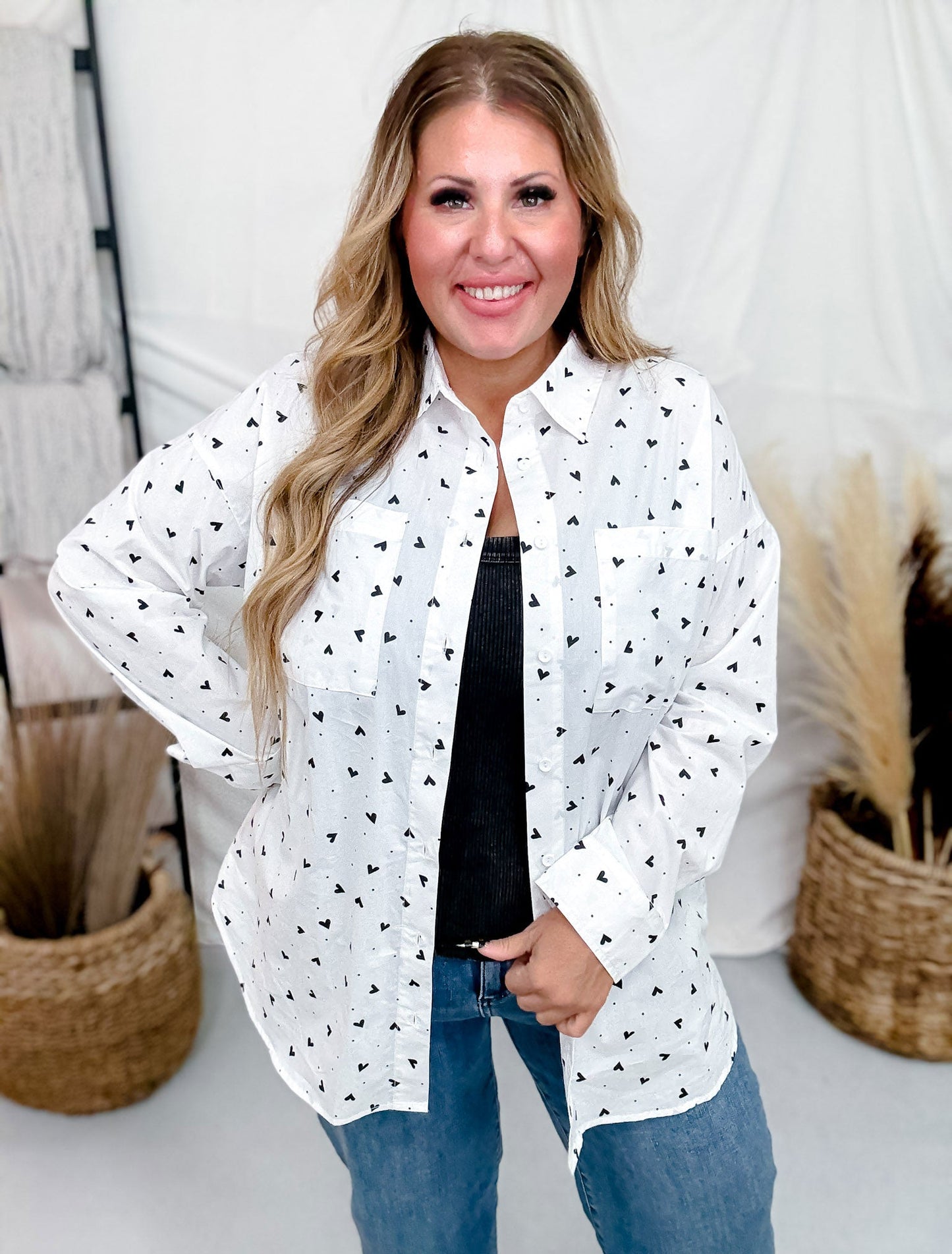 Black & White Button Front Top With Hearts & Polka Dots - Whiskey Skies - WHITE BIRCH