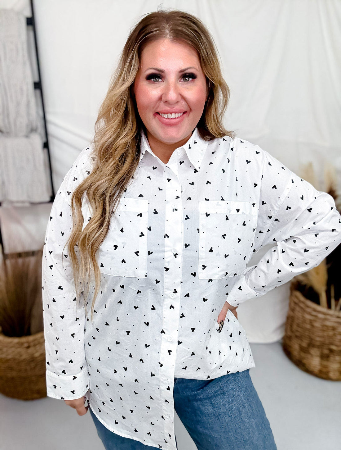 Black & White Button Front Top With Hearts & Polka Dots - Whiskey Skies - WHITE BIRCH