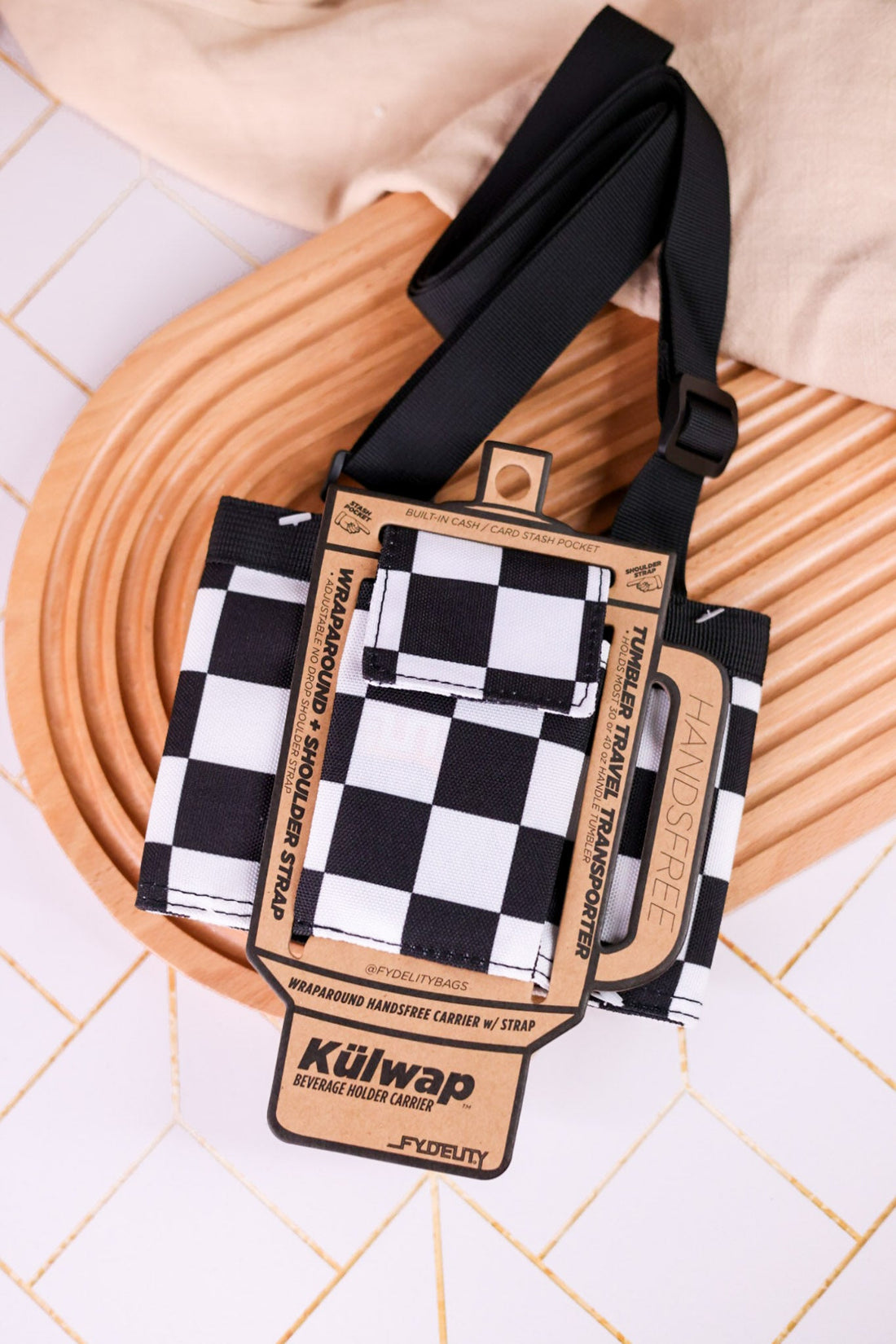 Black & White Check Kulwap Tumbler Cooler Wrap - Whiskey Skies - HIGH FYDELITY INC