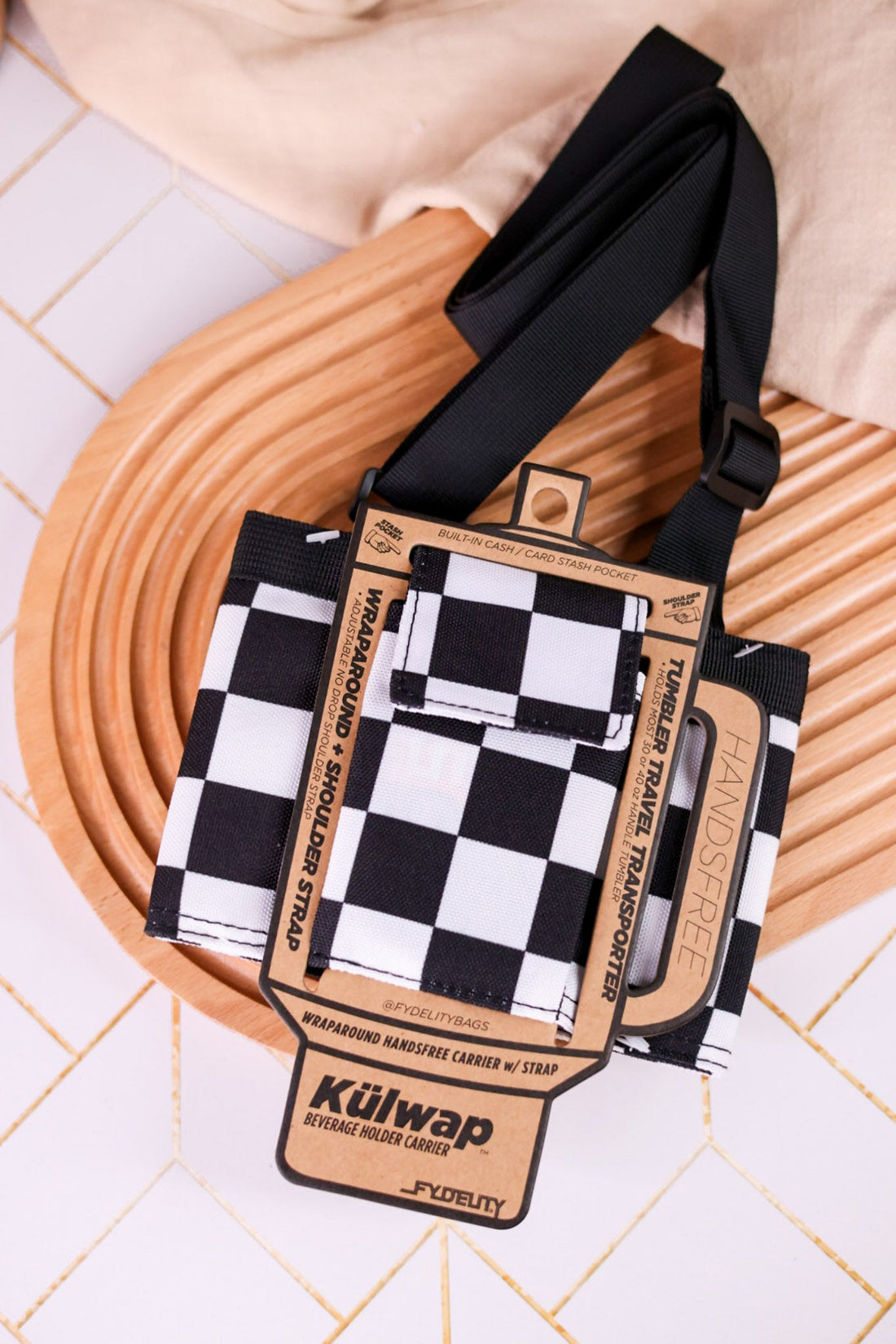 Black & White Check Kulwap Tumbler Cooler Wrap - Whiskey Skies - HIGH FYDELITY INC