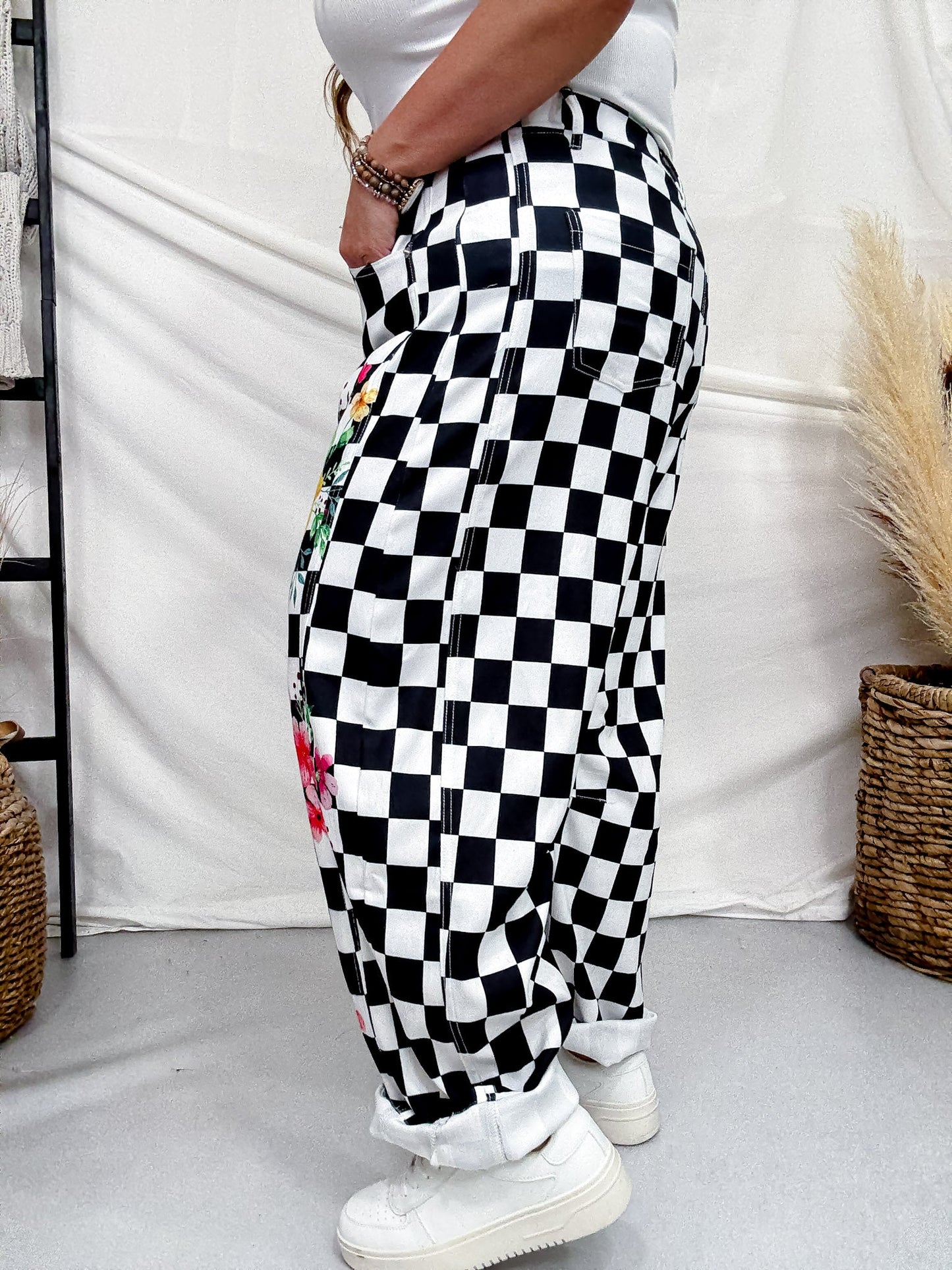 Black & White Checkerboard Barrel Leg Pants With Floral Print - Whiskey Skies - ODDI