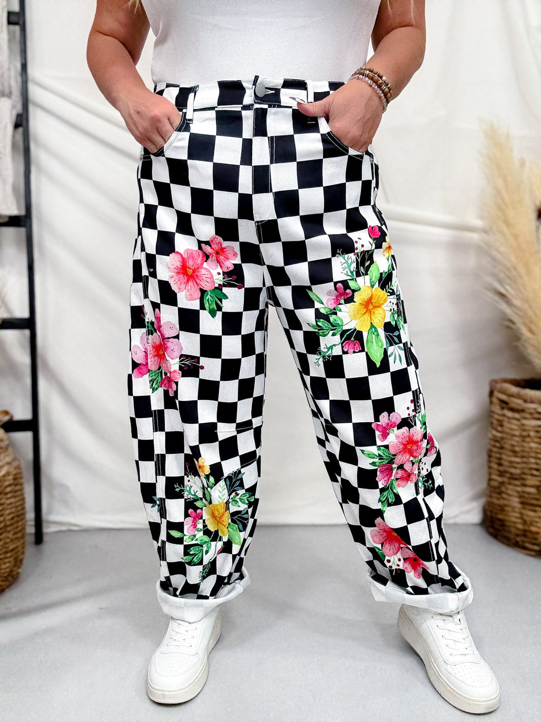 Black & White Checkerboard Barrel Leg Pants With Floral Print - Whiskey Skies - ODDI