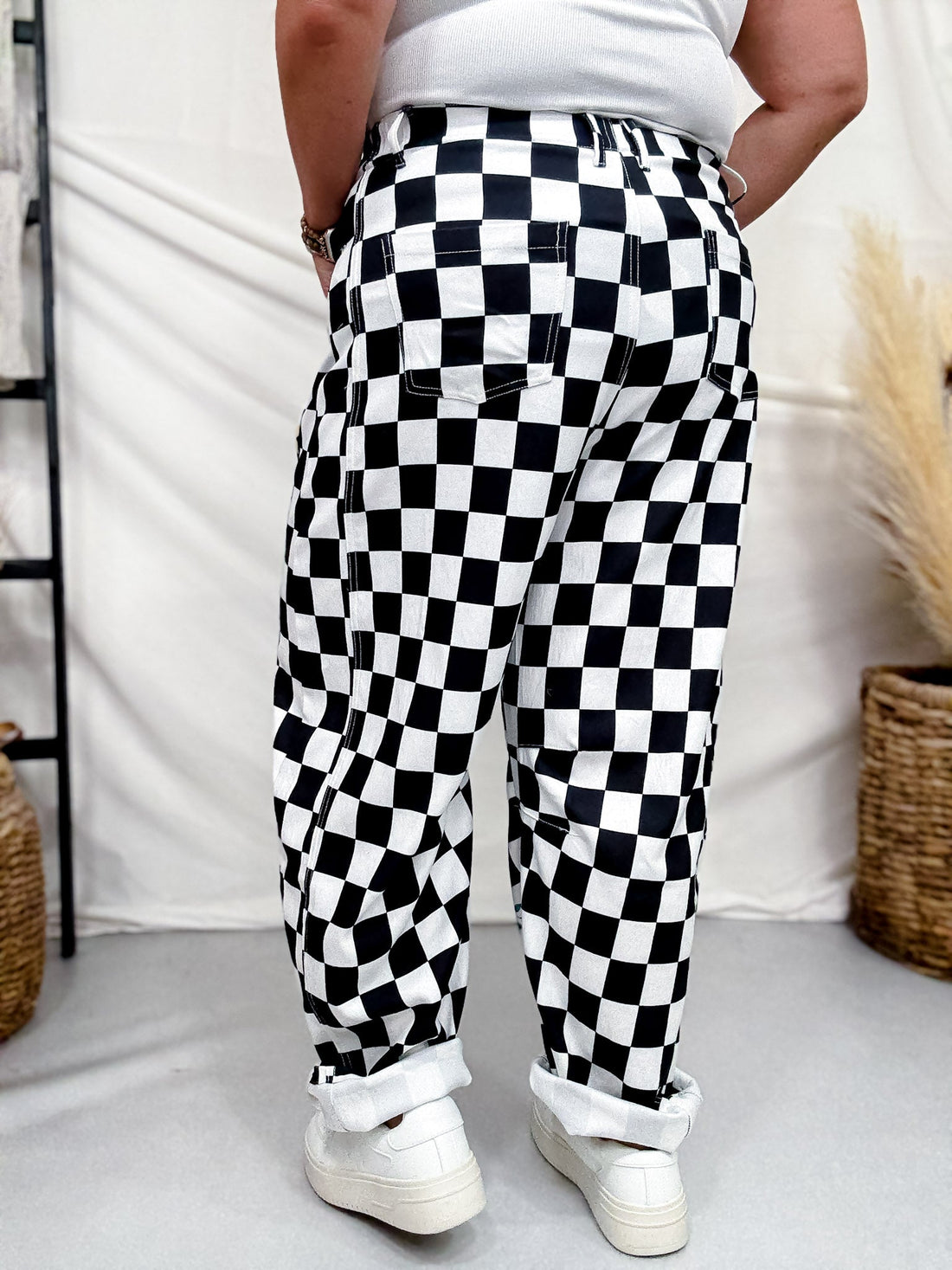 Black & White Checkerboard Barrel Leg Pants With Floral Print - Whiskey Skies - ODDI