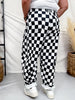 Black & White Checkerboard Barrel Leg Pants With Floral Print - Whiskey Skies - ODDI