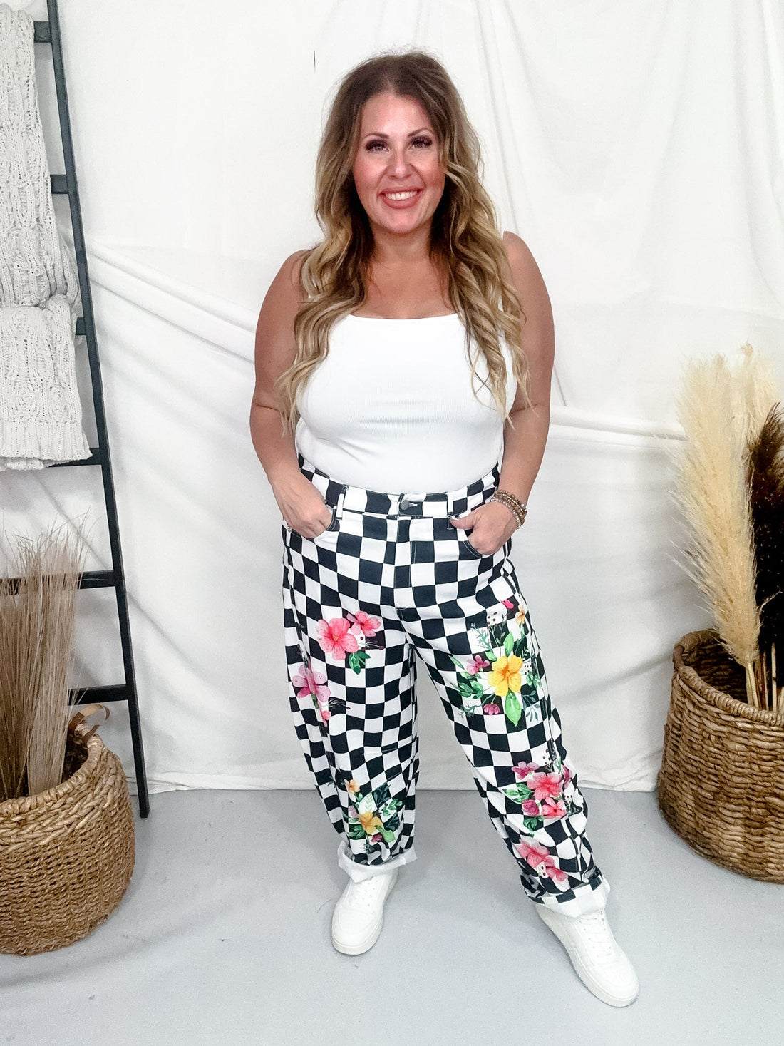 Black & White Checkerboard Barrel Leg Pants With Floral Print - Whiskey Skies - ODDI
