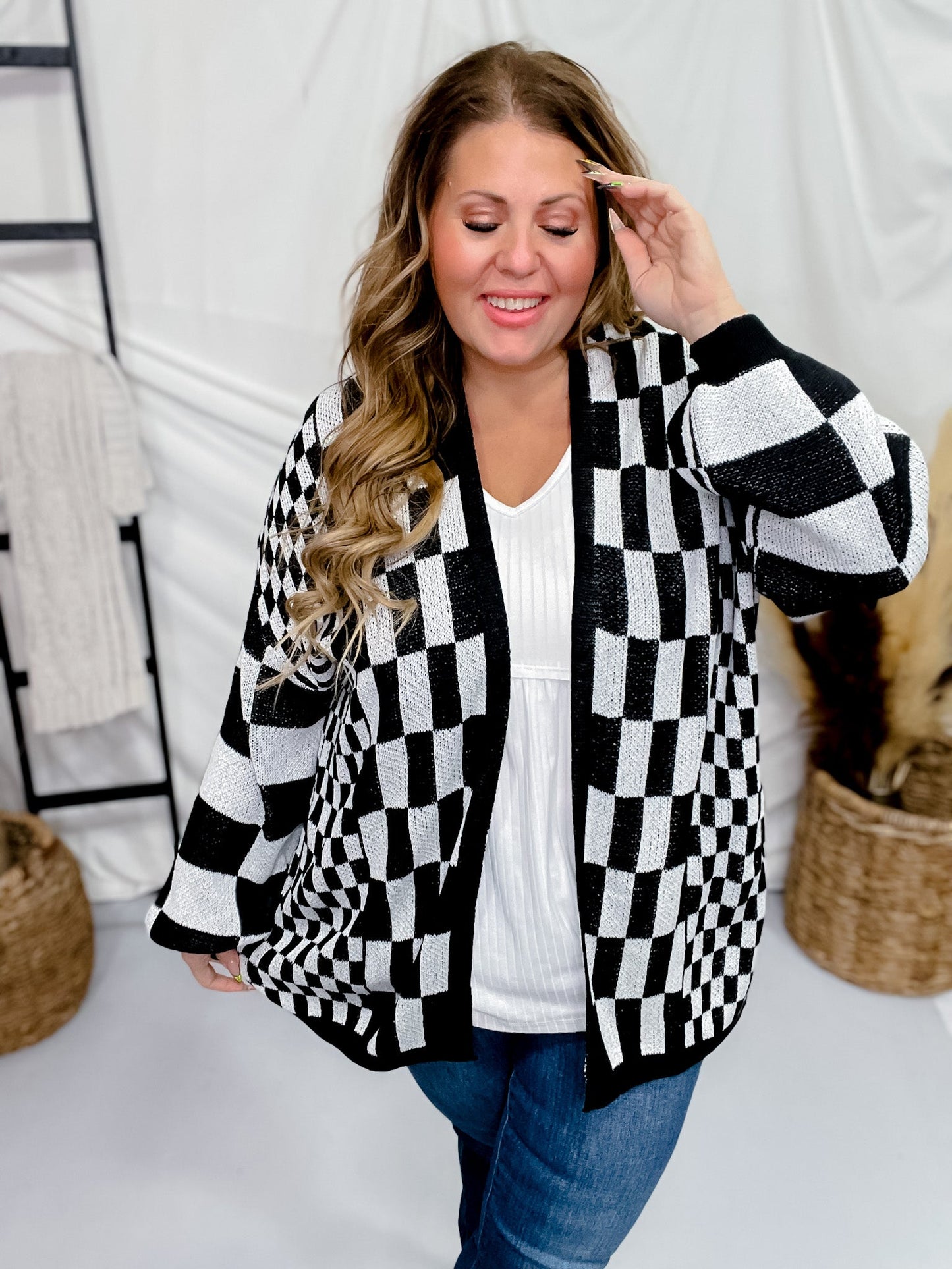 Black & White Checkerboard Open Front Cardigan - Whiskey Skies - DAVI & DANI