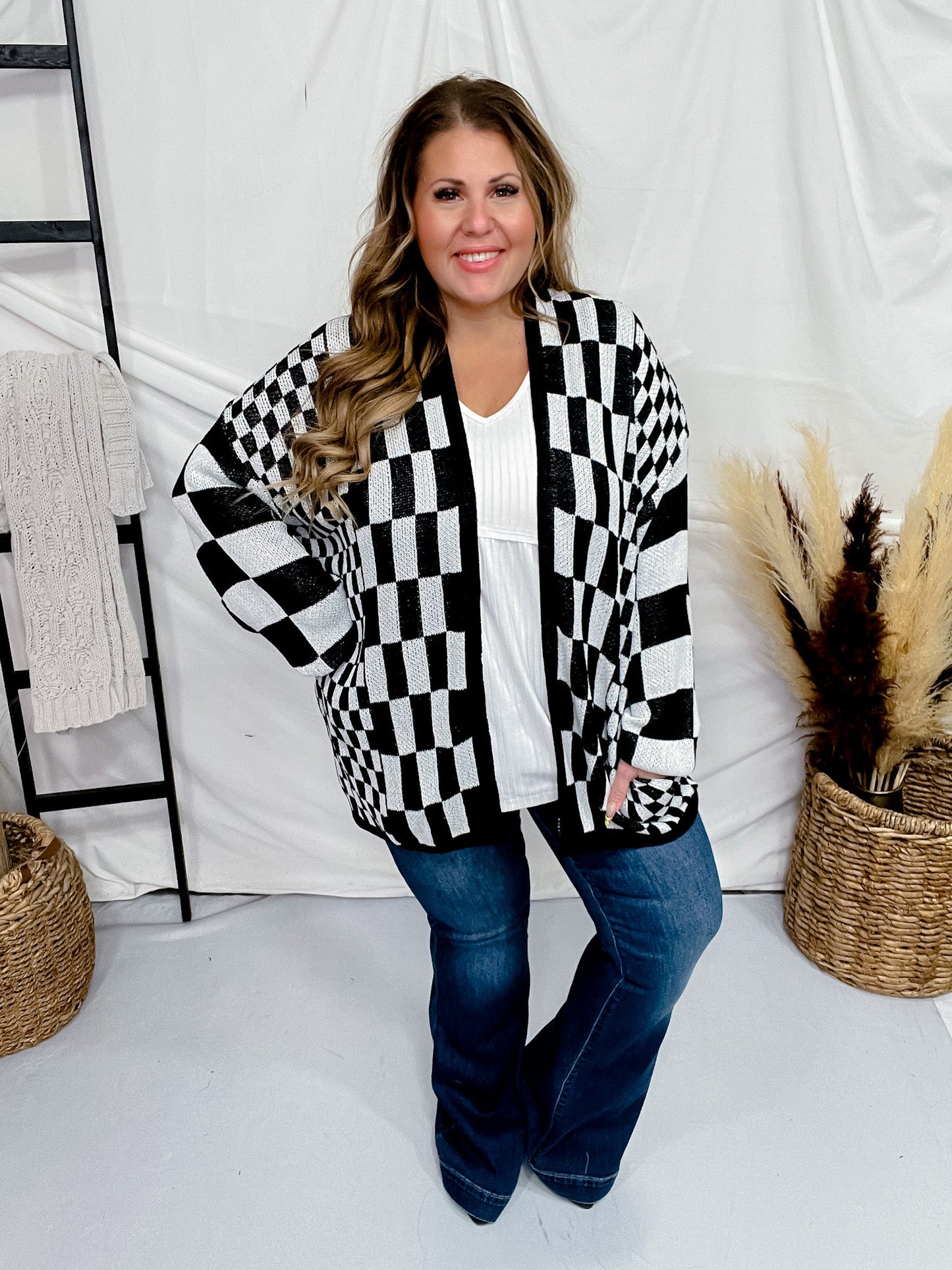 Black & White Checkerboard Open Front Cardigan - Whiskey Skies - DAVI & DANI